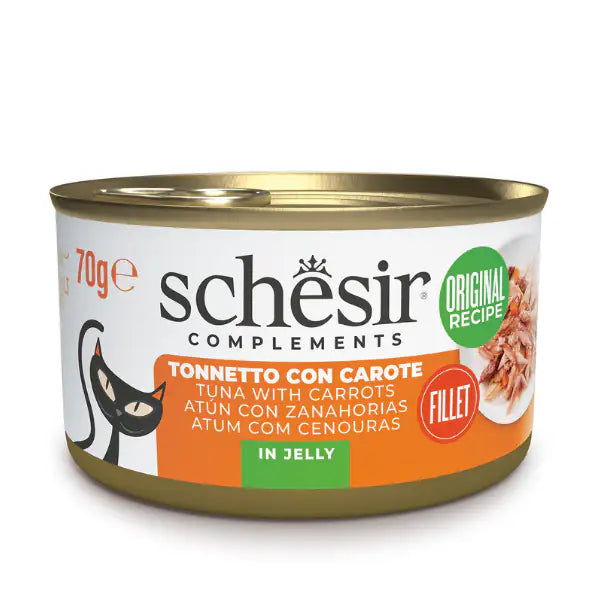 Schesir Cat Soft Adult filetti in gelatina alimento complementare lattina 70 gr Tonnetto e carote - confezione da 6 pezzi - Cibo umido per gatti - 1° ORDINE? scegli tra BZR5 - BZR20 + 200 pt fedeltà