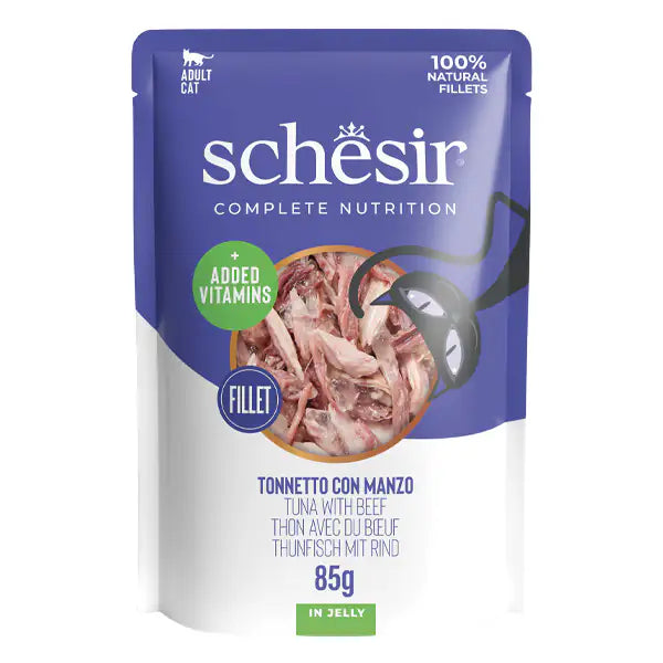 Schesir Cat Soft Adult filetti in gelatina alimento completo bustine 85 gr Tonno con manzo - confezione da 12 pezzi - Cibo umido per gatti - 1° ORDINE? scegli tra BZR5 - BZR20 + 200 pt fedeltà