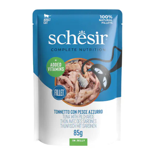 Schesir Cat Soft Adult filetti in gelatina alimento completo bustine 85 gr Tonno con pesce azzurro - confezione da 12 pezzi - Cibo umido per gatti - 1° ORDINE? scegli tra BZR5 - BZR20 + 200 pt fedeltà
