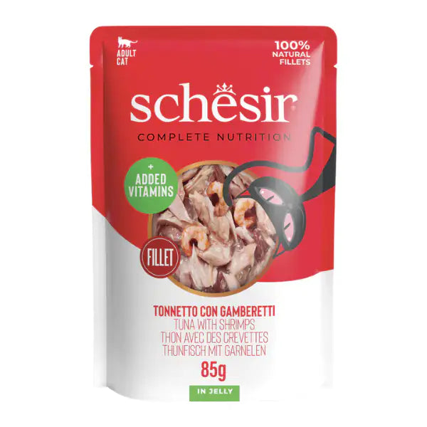 Schesir Cat Soft Adult filetti in gelatina alimento completo bustine 85 gr Tonno con gamberetti - confezione da 12 pezzi - Cibo umido per gatti - 1° ORDINE? scegli tra BZR5 - BZR20 + 200 pt fedeltà