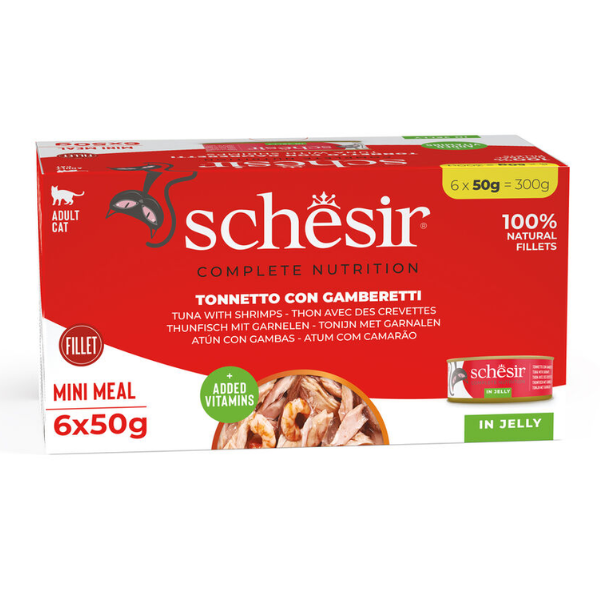 Schesir Cat Soft Adult filetti in gelatina alimento completo lattina Multipack 6x50 gr Tonnetto con Gamberetti - 1° ORDINE? scegli tra BZR5 - BZR20 + 200 pt fedeltà