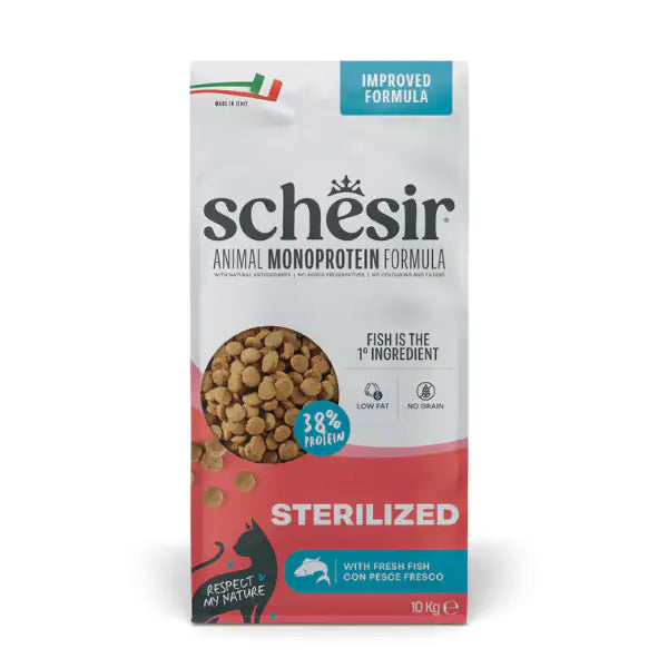 Schesir Cat Sterilized Monoprotein formula Grain free Low Fat Pesce fresco 10 kg - Cibo monoproteico gatto - 1° ORDINE? scegli tra BZR5 - BZR20 + 200 pt fedeltà