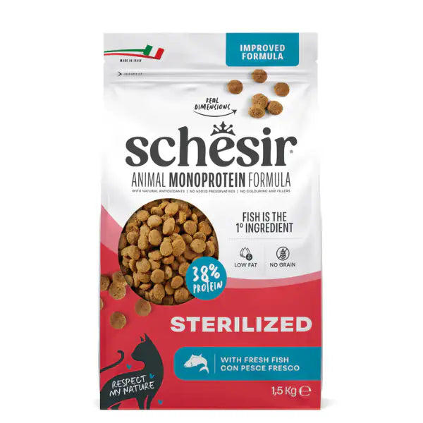 Schesir Cat Sterilized Monoprotein formula Grain free Low Fat Pesce fresco 1.5 kg - Cibo monoproteico gatto - 1° ORDINE? scegli tra BZR5 - BZR20 + 200 pt fedeltà