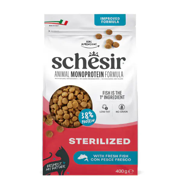 Schesir Cat Sterilized Monoprotein formula Grain free Low Fat Pesce fresco 400 gr - Cibo monoproteico gatto - 1° ORDINE? scegli tra BZR5 - BZR20 + 200 pt fedeltà