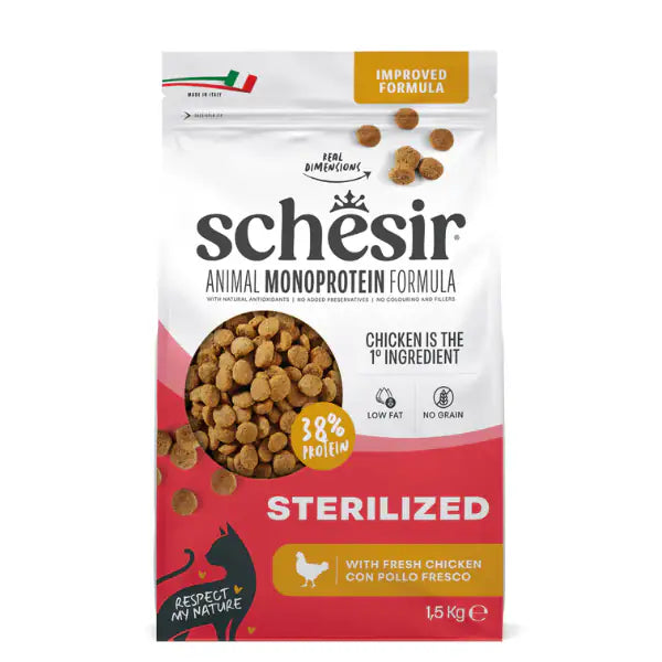 Schesir Cat Sterilized Monoprotein formula Grain free Low Fat Pollo fresco 1.5 kg - Cibo monoproteico gatto - 1° ORDINE? scegli tra BZR5 - BZR20 + 200 pt fedeltà