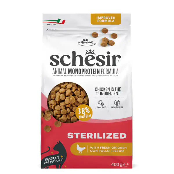 Schesir Cat Sterilized Monoprotein formula Grain free Low Fat Pollo fresco 400 gr - Cibo monoproteico gatto - 1° ORDINE? scegli tra BZR5 - BZR20 + 200 pt fedeltà