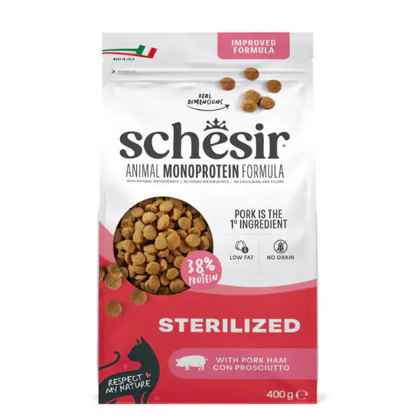 Schesir Cat Sterilized Monoprotein formula Grain free Low Fat Prosciutto 400 gr - Cibo monoproteico gatto - 1° ORDINE? scegli tra BZR5 - BZR20 + 200 pt fedeltà