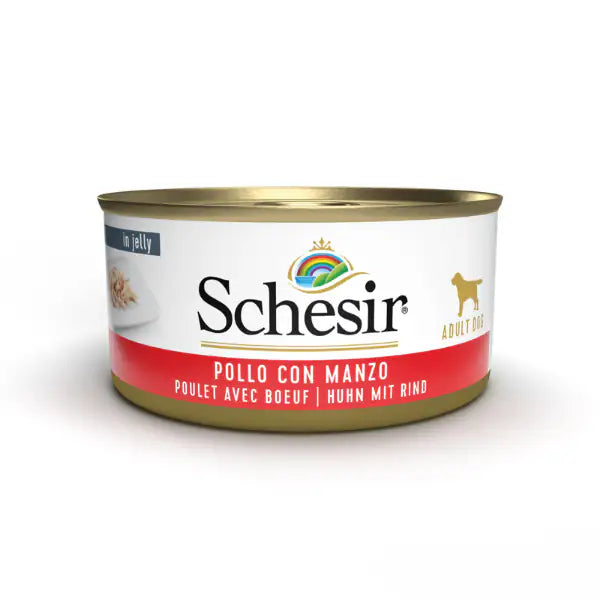 Schesir Dog 150 gr Pollo e manzo - confezione da 6 pezzi - Cibo umido per cani - 1° ORDINE? scegli tra BZR5 - BZR20 + 200 pt fedeltà Schesir Dog 150 gr Pollo e manzo - confezione da 6 pezzi - Cibo umido per cani - 1° ORDINE? scegli tra BZR5 - BZR20 + 200 pt fedeltà