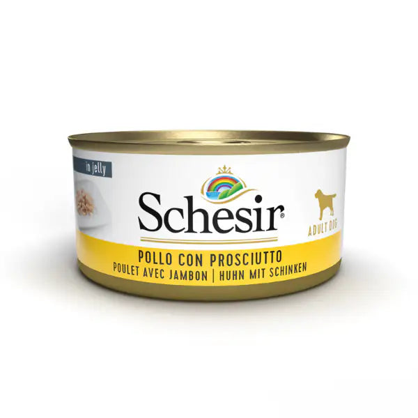Schesir Dog 150 gr Pollo e prosciutto - confezione da 6 pezzi - Cibo umido per cani - 1° ORDINE? scegli tra BZR5 - BZR20 + 200 pt fedeltà Schesir Dog 150 gr Pollo e prosciutto - confezione da 6 pezzi - Cibo umido per cani - 1° ORDINE? scegli tra BZR5 - BZR20 + 200 pt fedeltà