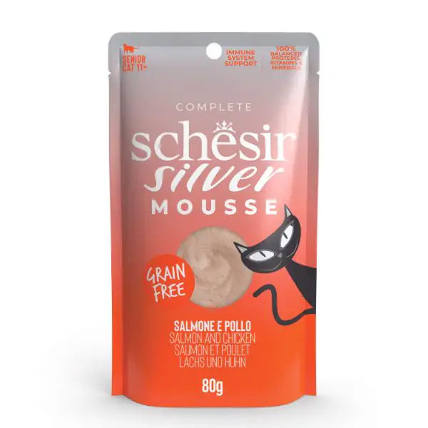 Schesir Silver Cat Senior Mousse Grain Free 80 g Salmone e pollo - confezione da 12 pezzi - Cibo umido per gatti - 1° ORDINE? scegli tra BZR5 - BZR20 + 200 pt fedeltà