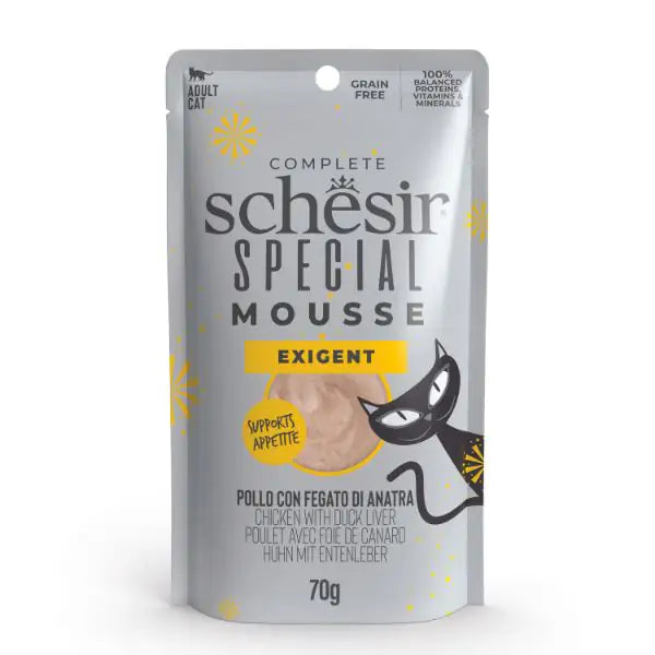 Schesir Special Cat Mousse Grain Free 70 g Exigent: pollo con fegato di anatra - confezione da 12 pezzi - Cibo umido per gatti - 1° ORDINE? scegli tra BZR5 - BZR20 + 200 pt fedeltà