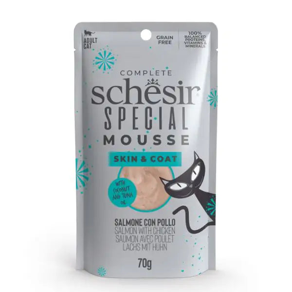 Schesir Special Cat Mousse Grain Free 70 g Skin e Coat: salmone con pollo - confezione da 12 pezzi - Cibo umido per gatti - 1° ORDINE? scegli tra BZR5 - BZR20 + 200 pt fedeltà