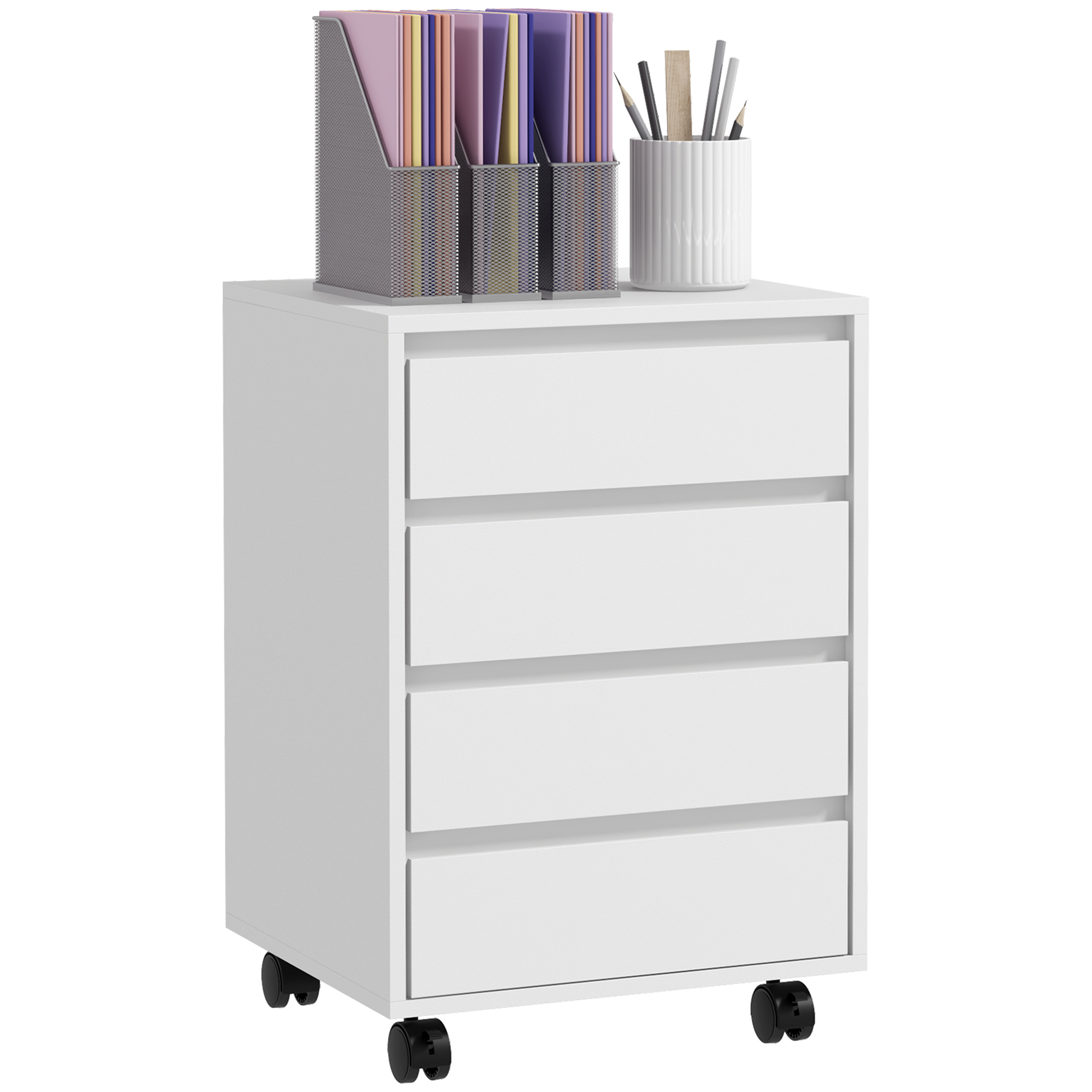 Scrivania con cassettiera HOMCOM per ufficio, su ruote, 4 cassetti scorrevoli, effetto porta bevande, colore bianco