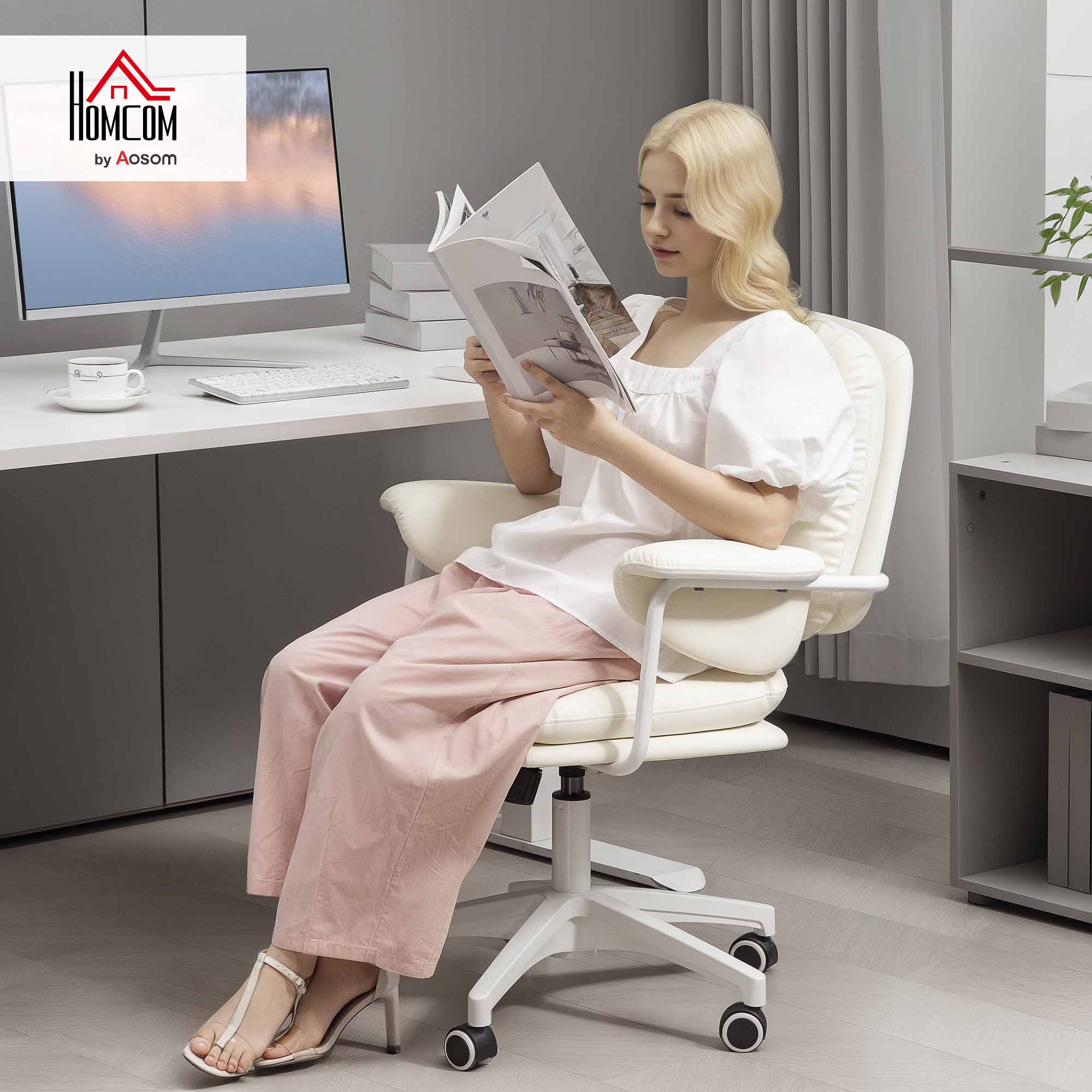 Sedia da ufficio HOMCOM con funzione di inclinazione, sedia girevole regolabile in altezza, sedia da scrivania imbottita con capacità di carico fino a 120 kg, in similpelle, per studio, ufficio,