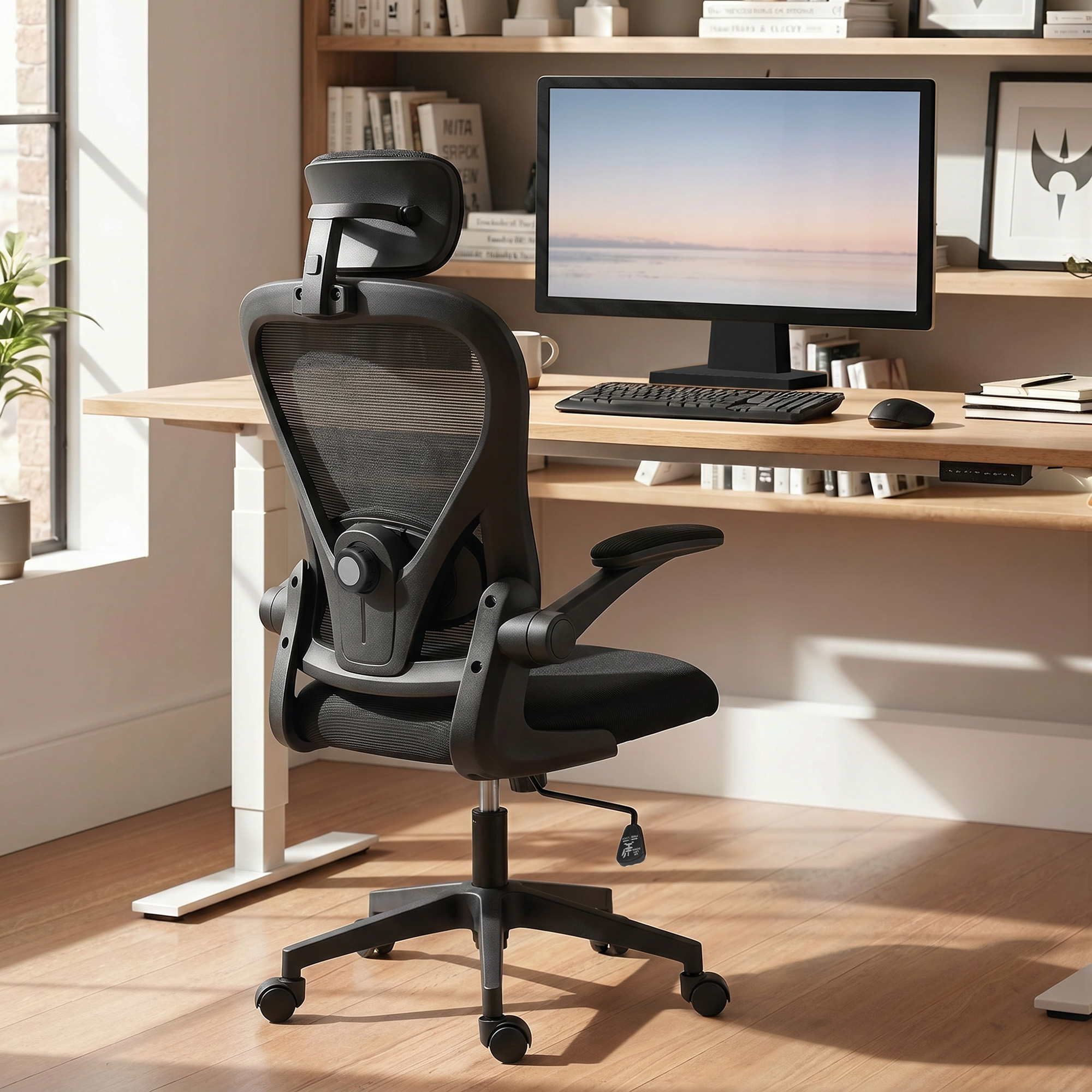 Sedia da ufficio HOMCOM, sedia ergonomica da scrivania con braccioli alti pieghevoli, supporto lombare regolabile, poggiatesta, sedia girevole regolabile in altezza con funzione basculante,