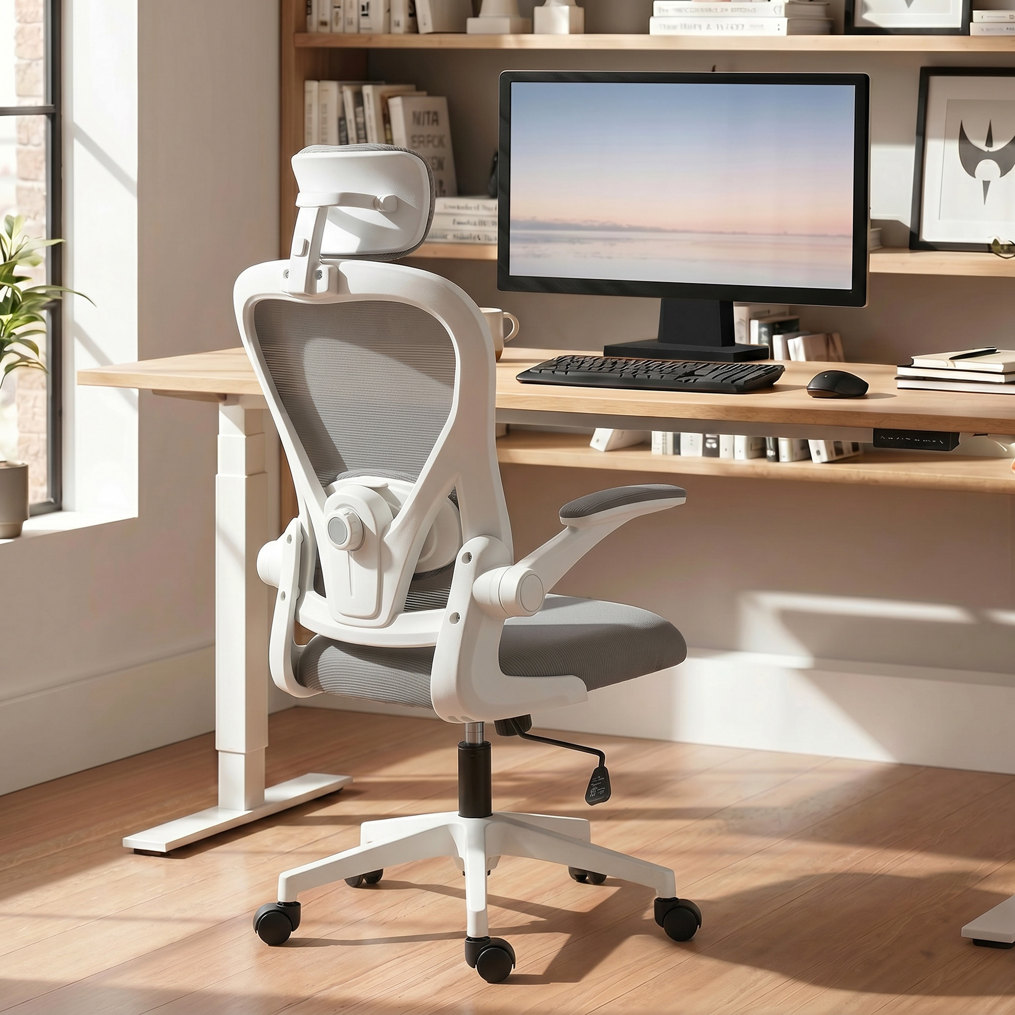 Sedia da ufficio HOMCOM, sedia ergonomica da scrivania con braccioli alti pieghevoli, supporto lombare regolabile, poggiatesta, sedia girevole regolabile in altezza con funzione basculante,