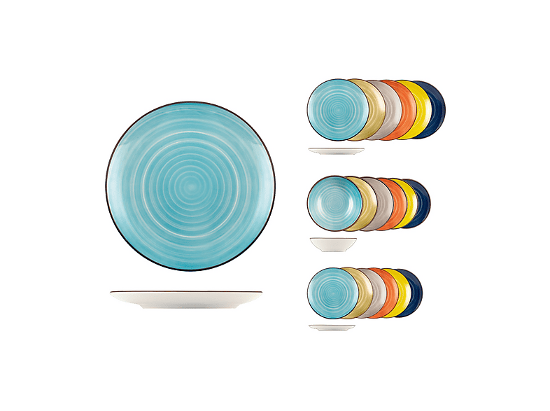 SERVIZIO PIATTI 18 PEZZI H&H CARIBE PER 6 PERSONE, In Porcellana, con decoro Multicolor,6 Piatti Fondi, Frutta, Lavabili in Lavastoviglie