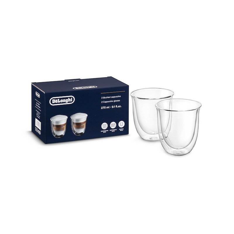 Set Bicchieri Cappuccino DE'LONGHI DLSC311, 2 pezzi, di Vetro Borosilicato, Doppia Parete, Ritenzione del calore, Capacità 270 ml