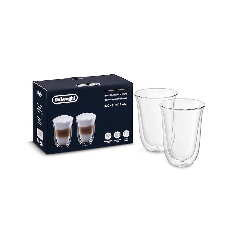 Set Bicchieri Cappuccino DE'LONGHI DLSC312, 2 pezzi, di Vetro Borosilicato, Doppia Parete, Ritenzione del calore, Capacità 330 ml