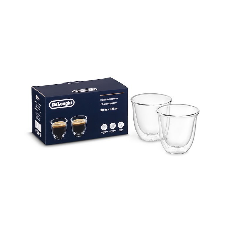 Set Bicchieri Espresso DE'LONGHI DLSC310, 2 pezzi, di Vetro Borosilicato, Doppia Parete, Ritenzione del calore, Capacità 90 ml