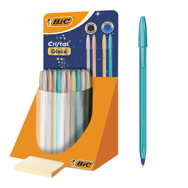 Set da esposizione Bic Cristal Glace con 40 penne a sfera - Corpo opaco in colori metallici opachi - Punta tonda da 1 mm - Tratto da 04 mm - Inchiostro a base d'olio - Colori: blu e nero