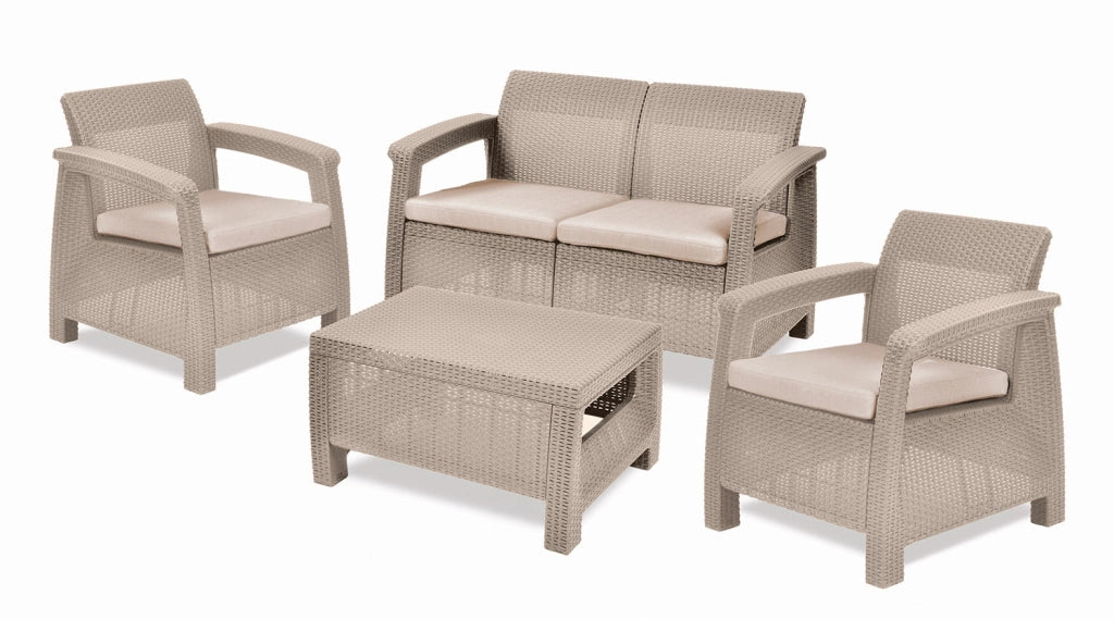 Set da Giardino Divano 2 Poltrone e Tavolino Keter Corfù Cappuccino