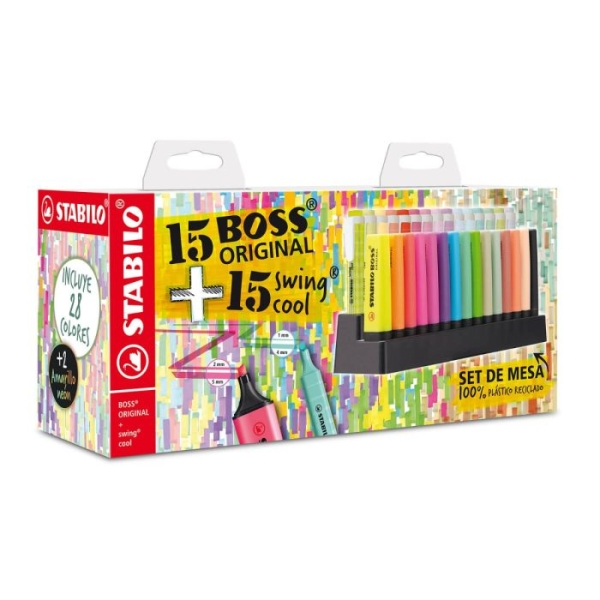 Set da scrivania Stabilo con 15 pennarelli Stabilo Boss e 15 pennarelli Swing Cool - Inchiostro a base d'acqua - Colori assortiti Set da scrivania Stabilo con 15 pennarelli Stabilo Boss e 15 pennarelli Swing Cool - Inchiostro a base d'acqua - Colori assortiti