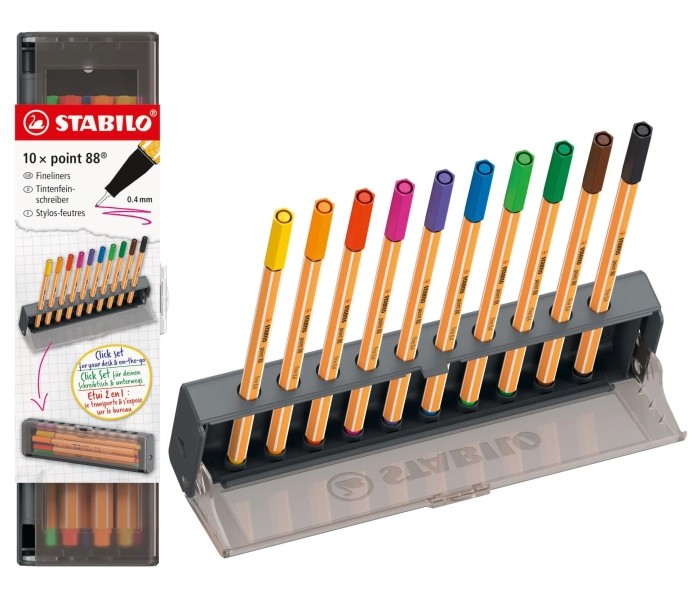 Set da scrivania Stabilo Point 88 con 10 pennarelli a punta in fibra - Tratto di circa 04 mm - Inchiostro a base d'acqua - Colori assortiti