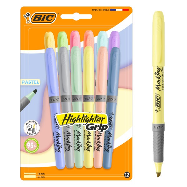 Set di 12 evidenziatori Bic Highlighter Grip Pastel con punta a scalpello spessore del tratto tra 160 e 330 mm impugnatura testurizzata e colori assortiti. Set di 12 evidenziatori Bic Highlighter Grip Pastel con punta a scalpello spessore del tratto tra 160 e 330 mm impugnatura testurizzata e colori assortiti.