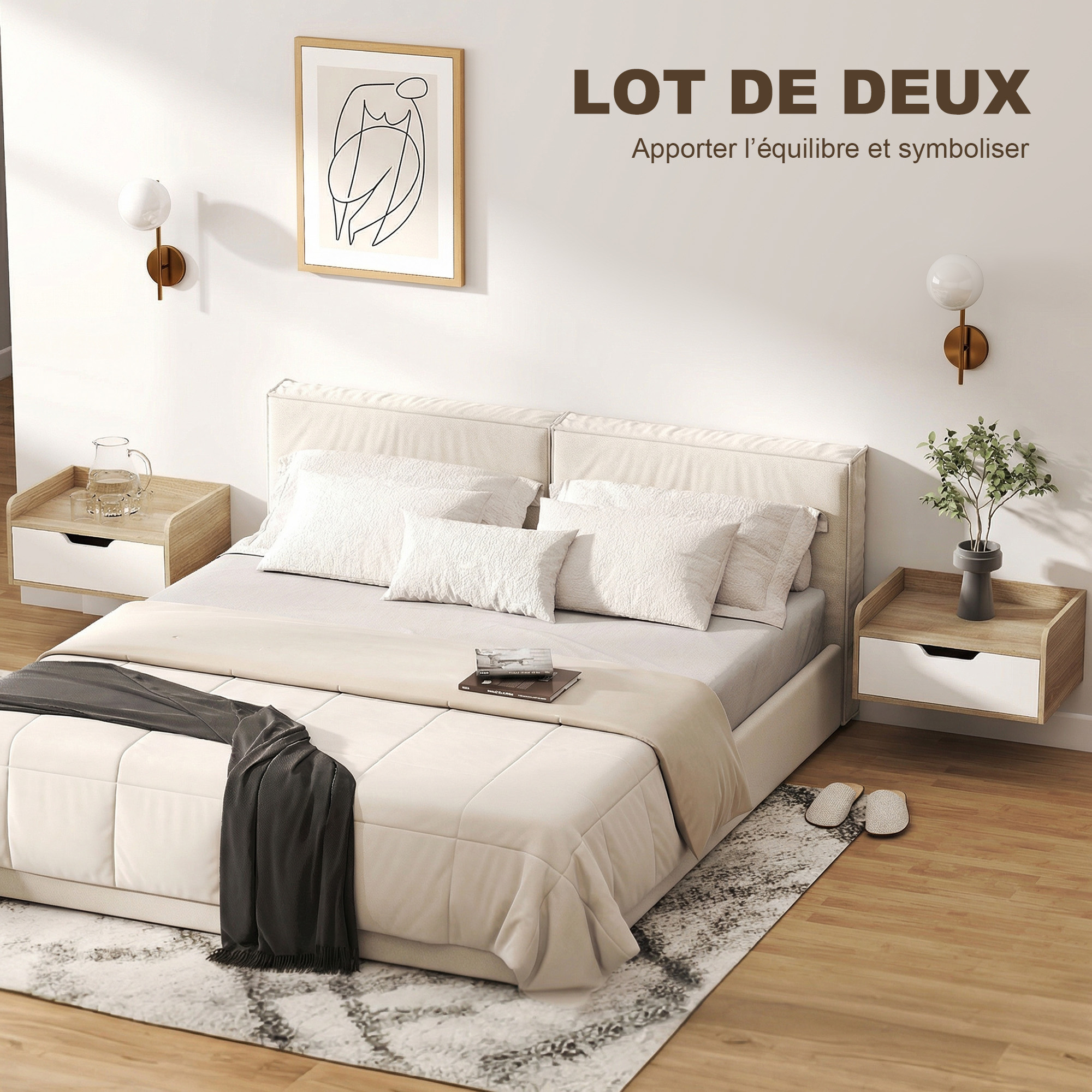 Set di 2 comodini da parete Homcom, comodini sospesi con cassetto e vassoio con bordo rialzato, stile moderno, P