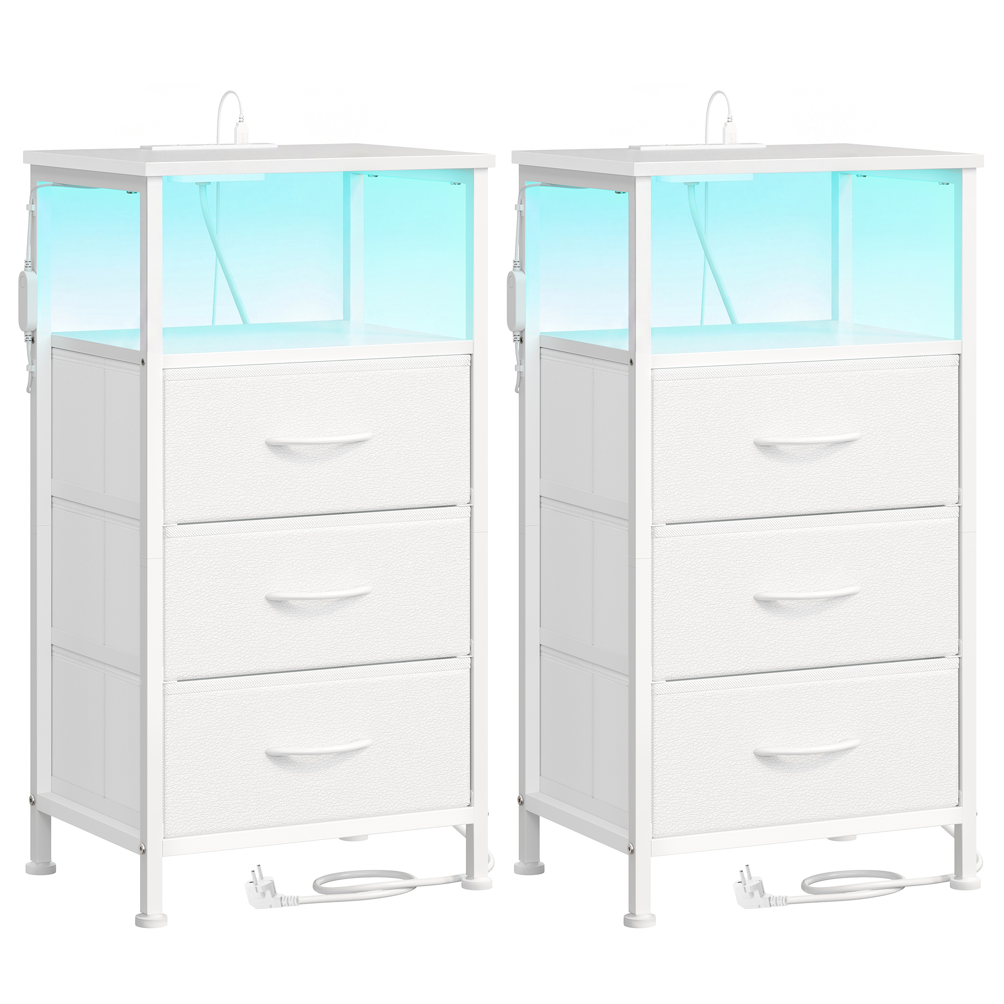 Set di 2 comodini SONGMICS con luci LED e stazione di ricarica, 3 cassetti, 39,6 x 30 x 75,9 cm, bianco