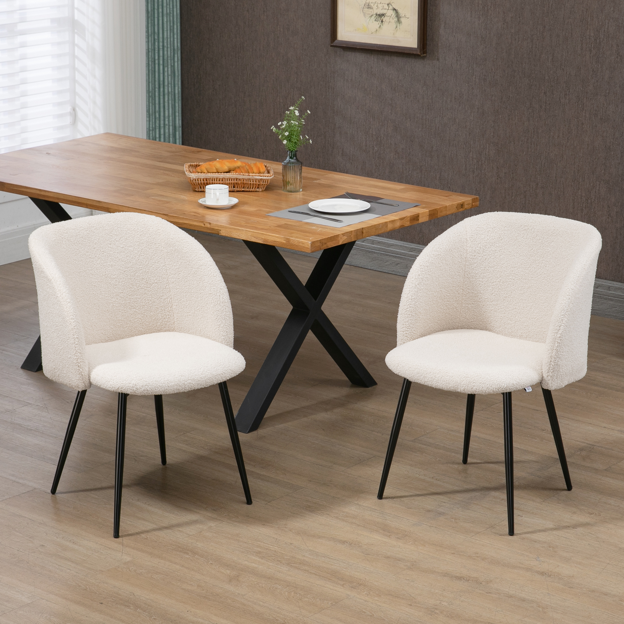 Set di 2 Sedie da Pranzo Homcom, Tessuto da Cucina con Effetto Lana Ricciuta, Sedia da Soggiorno, Gambe in Acciaio