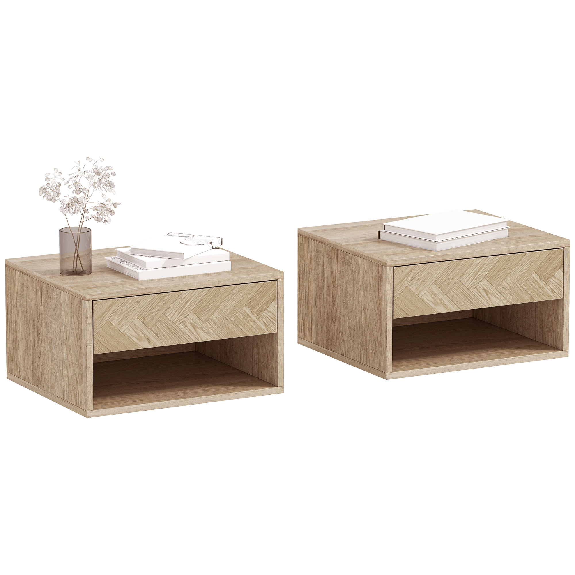 Set di 2 tavolini da comodino HOMCOM, tavolini da parete con cassetto scorrevole, scomparto aperto, vassoio, stile moderno