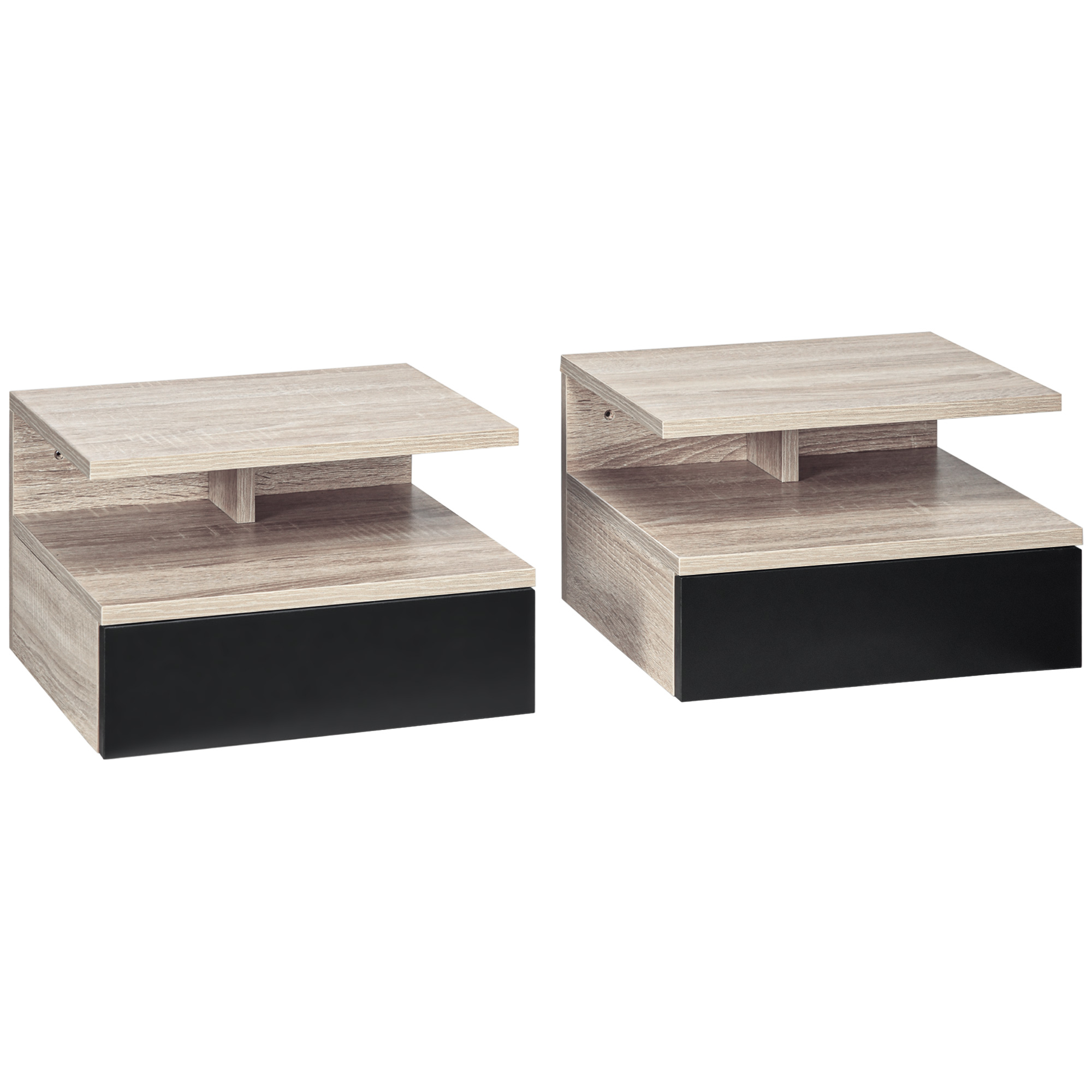 Set di 2 tavolini da comodino HOMCOM, tavolini da parete con cassetto scorrevole, scomparto aperto, vassoio, stile moderno