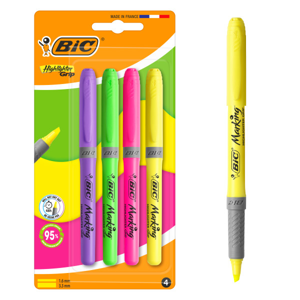 Set di 4 evidenziatori Bic con punta a scalpello fluorescenti - Tratto da 160 a 330 mm - Impugnatura testurizzata - Colori assortiti Set di 4 evidenziatori Bic con punta a scalpello fluorescenti - Tratto da 160 a 330 mm - Impugnatura testurizzata - Colori assortiti