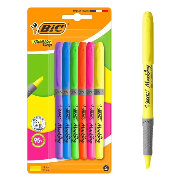 Set di 6 evidenziatori Bic con punta a scalpello fluorescenti - Tratto da 160 a 330 mm - Impugnatura testurizzata - Colori assortiti Set di 6 evidenziatori Bic con punta a scalpello fluorescenti - Tratto da 160 a 330 mm - Impugnatura testurizzata - Colori assortiti