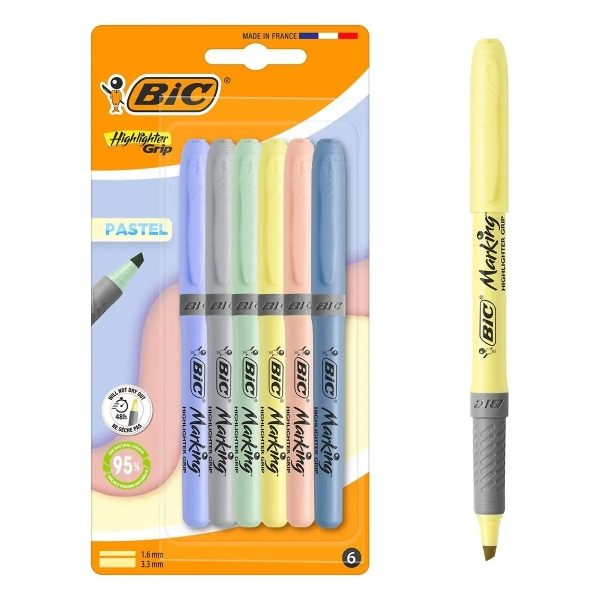 Set di 6 evidenziatori Bic Highlighter Grip Pastel con punta a scalpello spessore del tratto tra 160 e 330 mm impugnatura testurizzata e colori assortiti. Set di 6 evidenziatori Bic Highlighter Grip Pastel con punta a scalpello spessore del tratto tra 160 e 330 mm impugnatura testurizzata e colori assortiti.