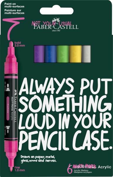 Set di 6 pennarelli acrilici Faber-Castell Multimark a doppia punta - punte rotonde da 1 mm e 3 mm - inchiostro acrilico a base d'acqua - colori vivaci assortiti.