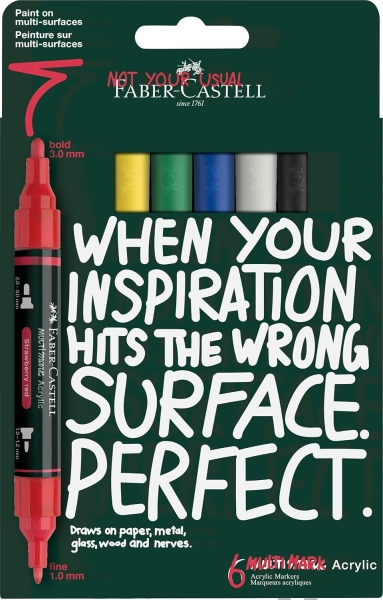 Set di 6 pennarelli acrilici Faber-Castell Multimark a doppia punta - punte rotonde da 1 mm e 3 mm - inchiostro acrilico a base d'acqua - colori assortiti
