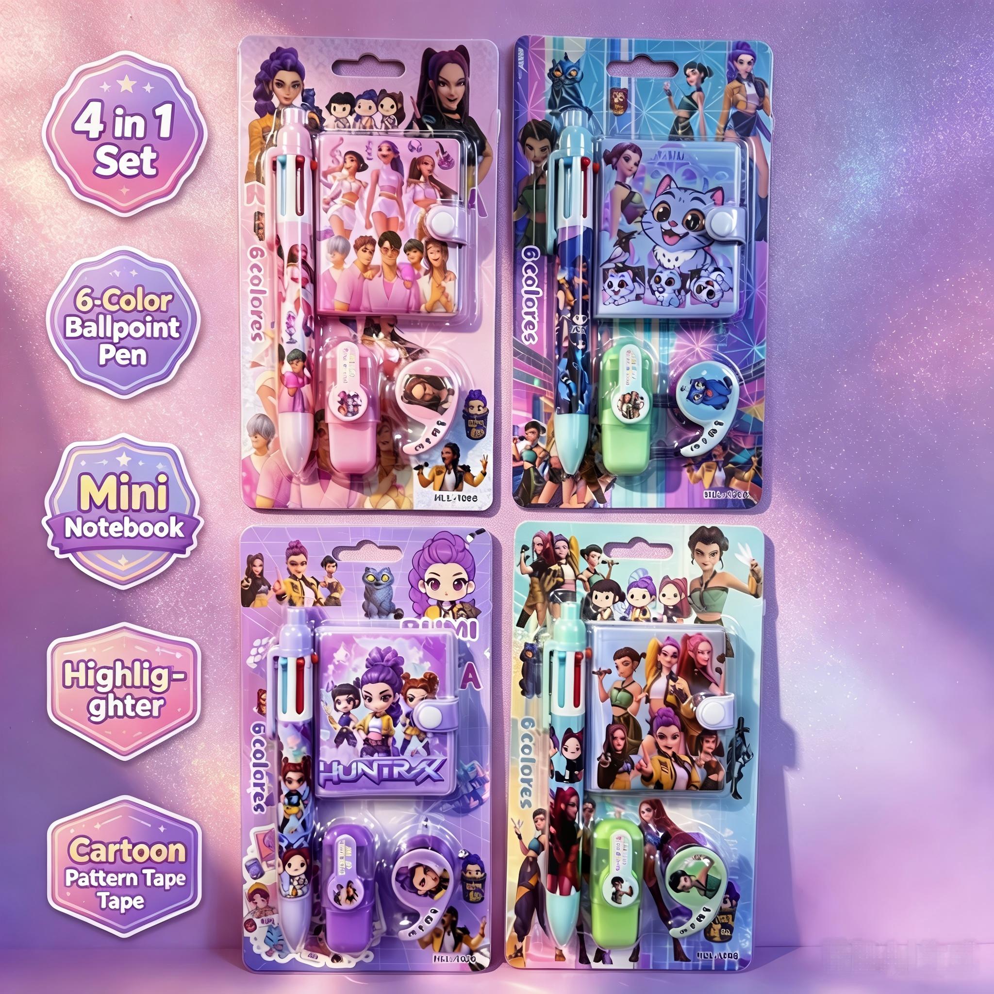 Set di Cancelleria Anime Girls Lumi Mila Zoi Witch Hunter 4in1 con Penna a Sfera a 6 Colori, Mini Quaderno, Evidenziatore e Nastro Adesivo, Regalo Scolastico