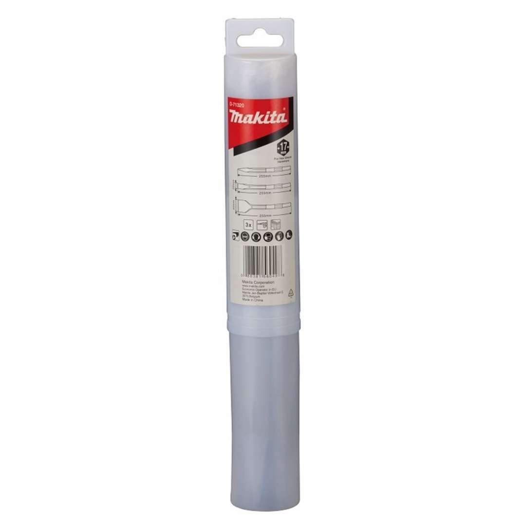 Set Di Scalpelli Makita Hex Da 17 Mm: Scalpello A Punta 255 Mm, Scalpello Piatto 255x40 Mm, Scalpello Piatto 255x20 Mm, 3 Pezzi D-71320