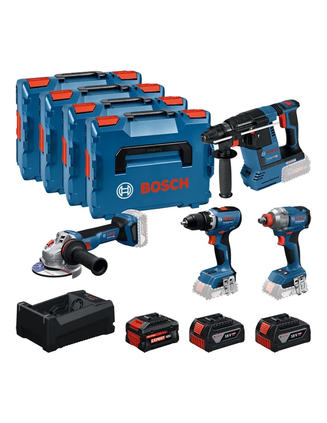 Set Di Utensili Bosch Combo Kit 18 V: Gsr 18v-65 + Gdx 18v-285 + Gbh 18v-26 + Gws 18v-11 + 3 Batterie E Caricabatterie