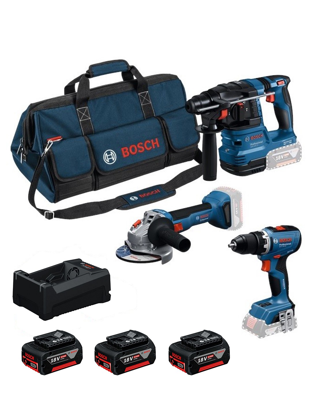 Set Di Utensili Bosch Da 3 Pezzi Da 18 V: Gsb + Gws + Gbh + 3× Gba 5,0 Ah + Gal 12v/18v-80 0615a500ah Set Di Utensili Bosch Da 3 Pezzi Da 18 V: Gsb + Gws + Gbh + 3× Gba 5,0 Ah + Gal 12v/18v-80 0615a500ah