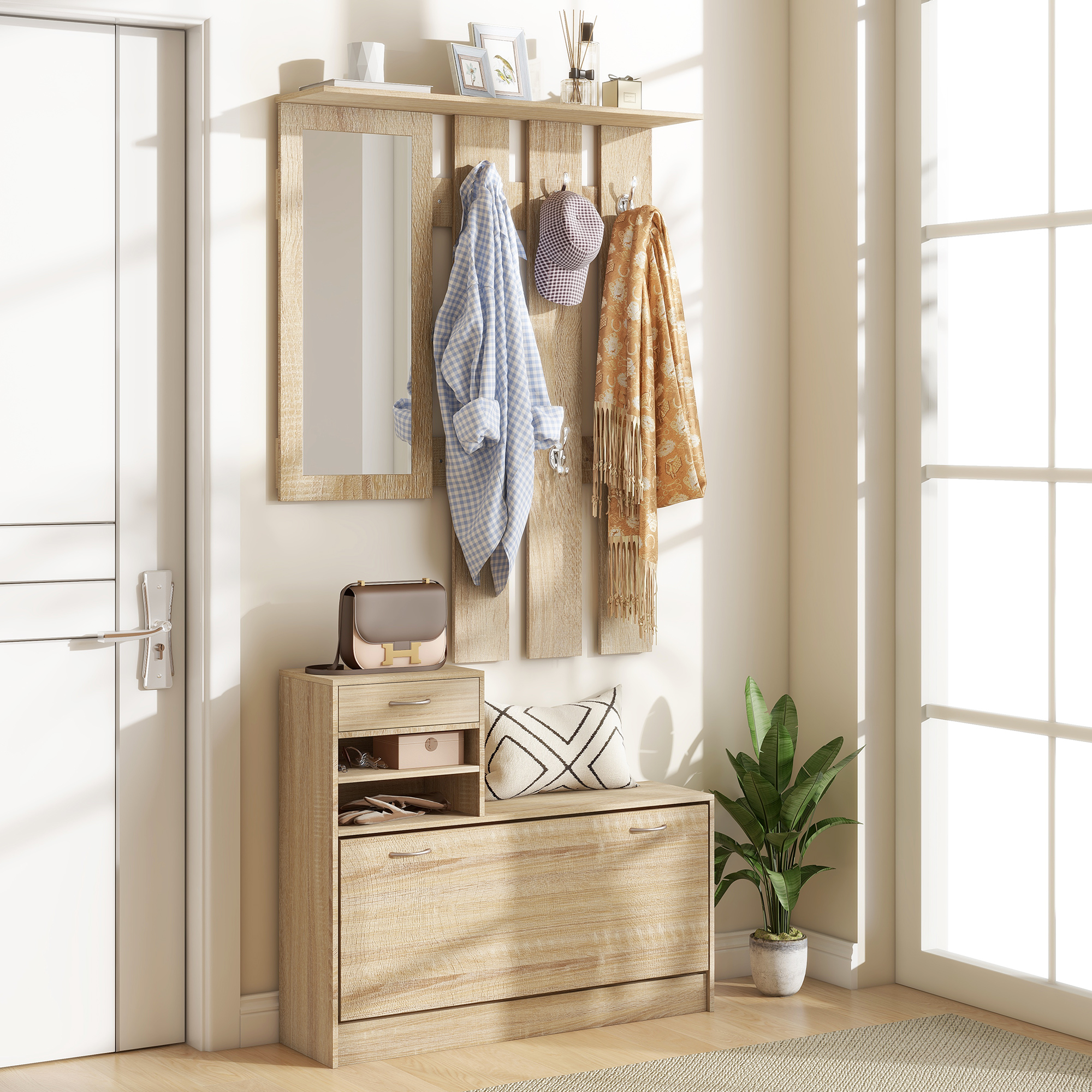 Set HOMCOM 3 in 1 di mobili da ingresso/guardaroba con appendiabiti, specchio e panca per scarpe - 6 ganci e ripiano regolabile, effetto legno naturale