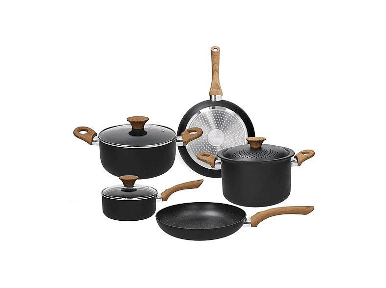 Set pentole e padelle TOGNANA ROCK IN WOOD, 8 pezzi, Compatibile con piano cottura a gas induzione, Alluminio, Nero