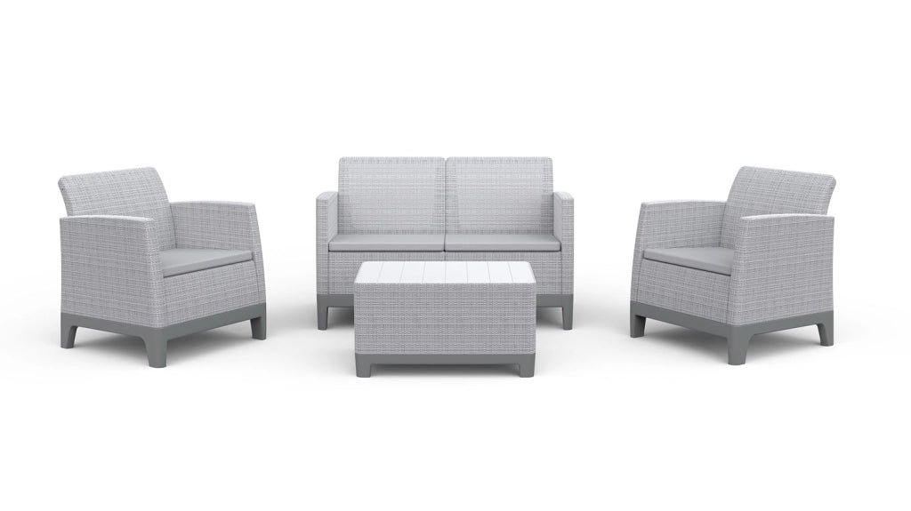 Set Salotto da Giardino 4 Pezzi Divano Poltrone e Tavolino Contenitore Keter Scandi Forma Effetto Juta Grigio Chiaro