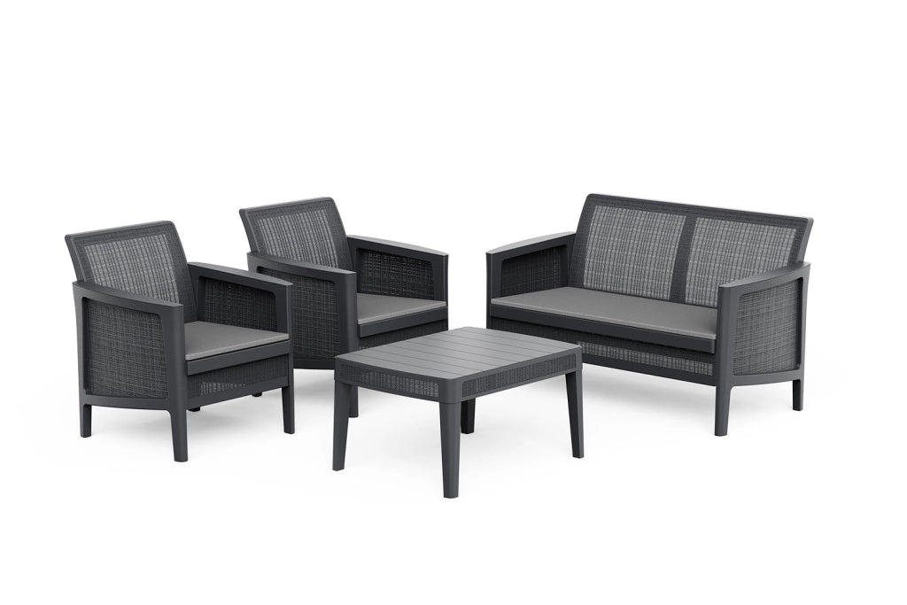 Set Salotto da Giardino 4 Pezzi Divano Poltrone e Tavolino Keter Atlas Forma Effetto Juta Grigio Grafite