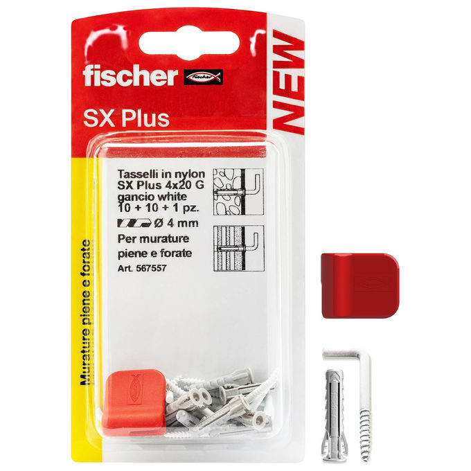 Set tasselli plastica con gancio appendiquadri (4mm) Sx Plus 4x20 G K ( 10 pz) Bianco 567557