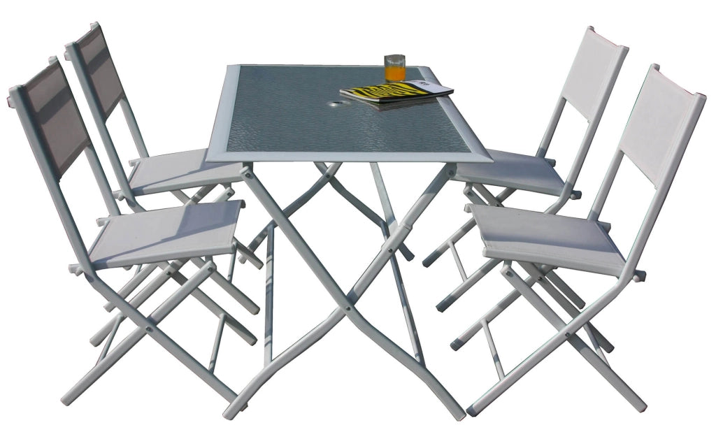 Set Tavolo e 4 Sedie Pieghevoli da Giardino in Acciaio Bauer Astro Bianco Set Tavolo e 4 Sedie Pieghevoli da Giardino in Acciaio Bauer Astro Bianco