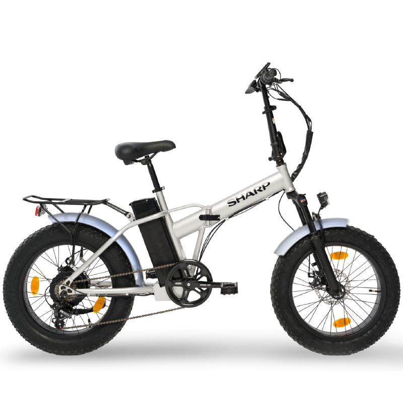 SHARP BK-FM01-ES - BICICLETTA ELETTRICA PIEGHEVOLE FAT E-BIKE (SILVER) - RUOTE 20X4 - MOTORE 250W - BATTERIA 36V 10AH - TELAIO ACCIAIO - 6 MARCE